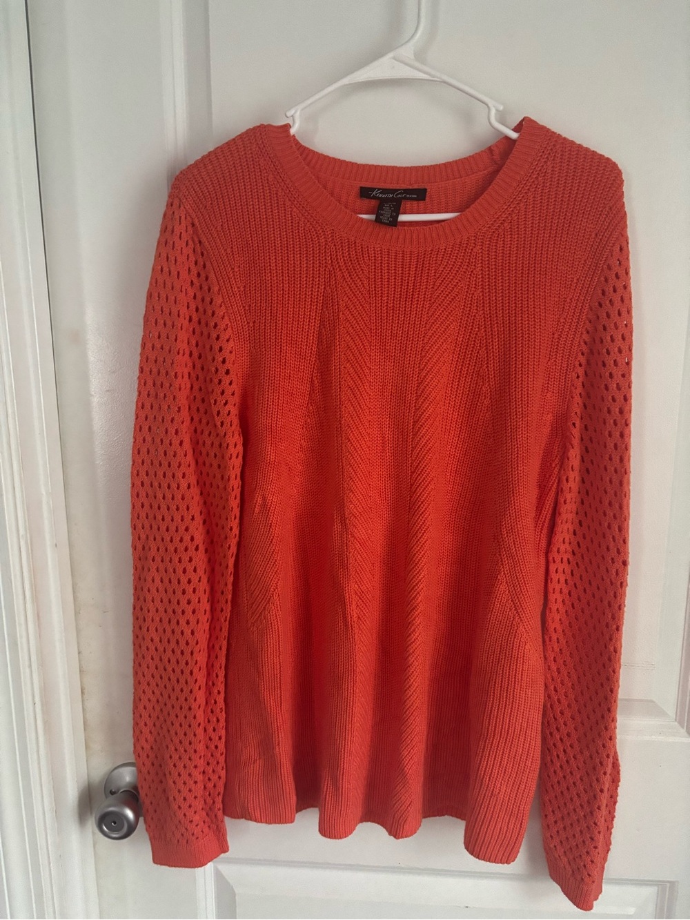 Kenneth Cole Orange Crewneck Sweater with Open-Knit Sleeves